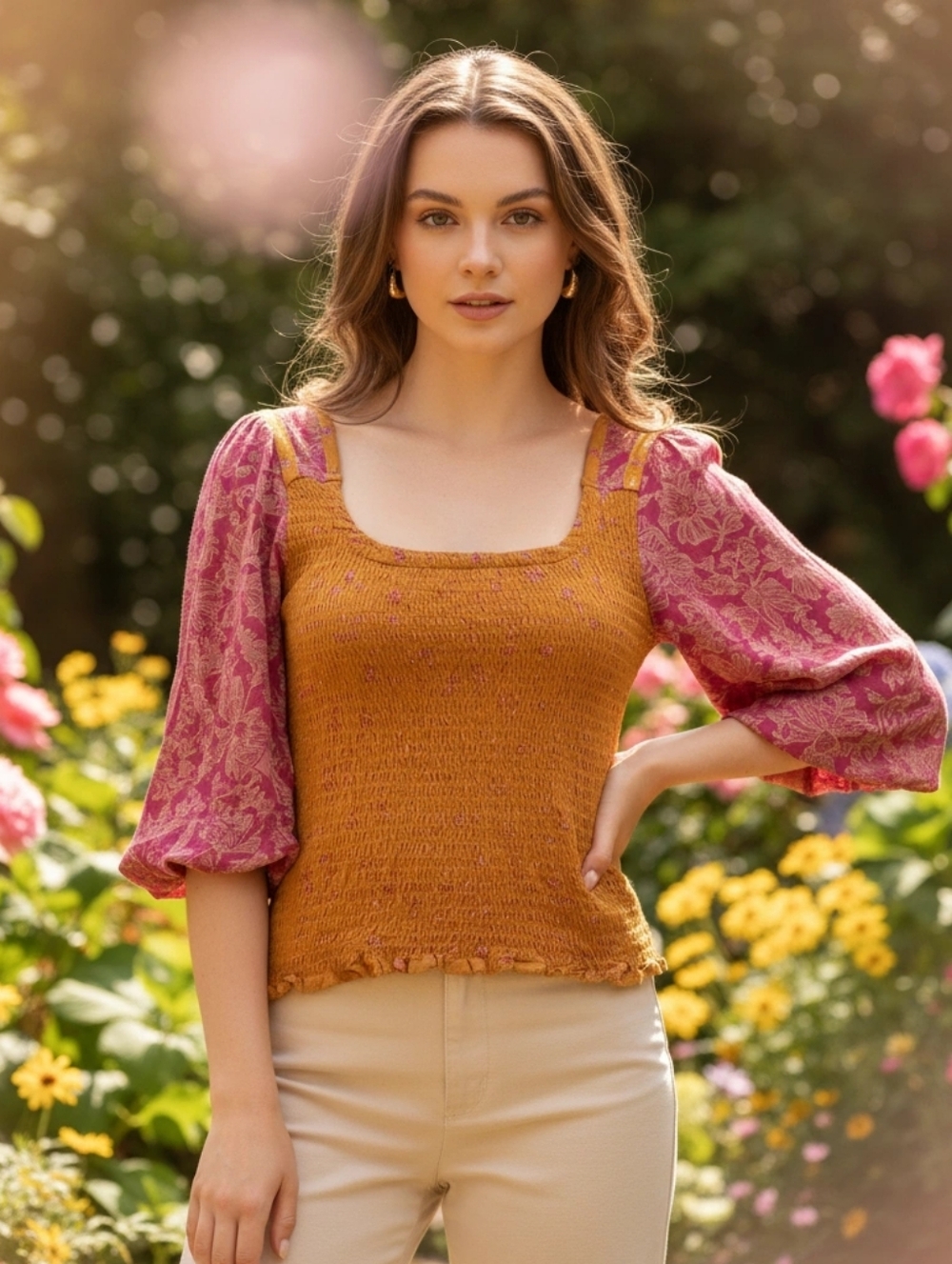 NWT Free People Through The VINES Smocked SquareNeck CropTop in Mustard and Rose